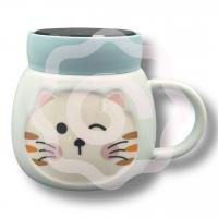 Кружка голубая «котик» с крышкой-зеркало 420 мл