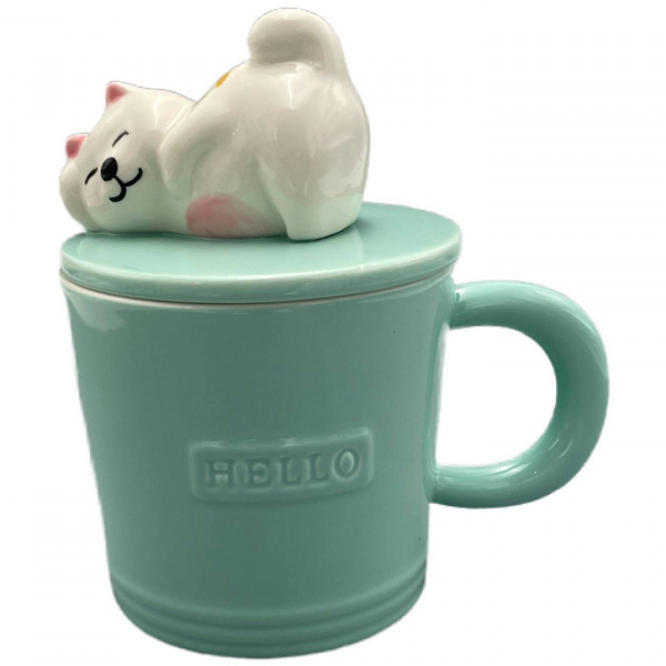 Кружка керамическая «Hello dear cat» зеленая 430 мл